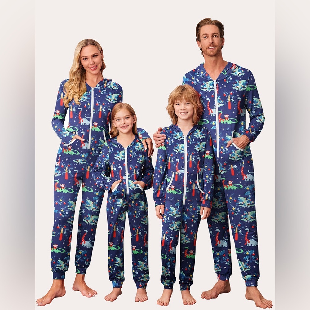 NEW Ekouaer Kids Holiday Dinosaur Hooded Union Suit Navy Blue‎ Size 150 10-12Y
